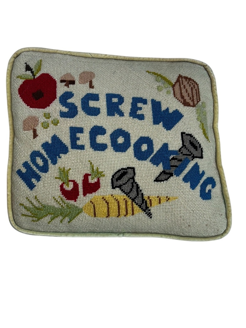 Antique Needlepoint Pillow Screw Home Cooking veggies screws vintage handmade